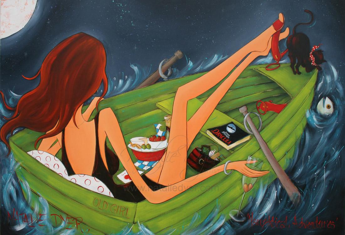 A Little Naughtical, a commissioned painting by Natalie Dyer of a woman in a pea green boat with her favourite cocktail, personalised from an earlier painting called Just Cruisin’