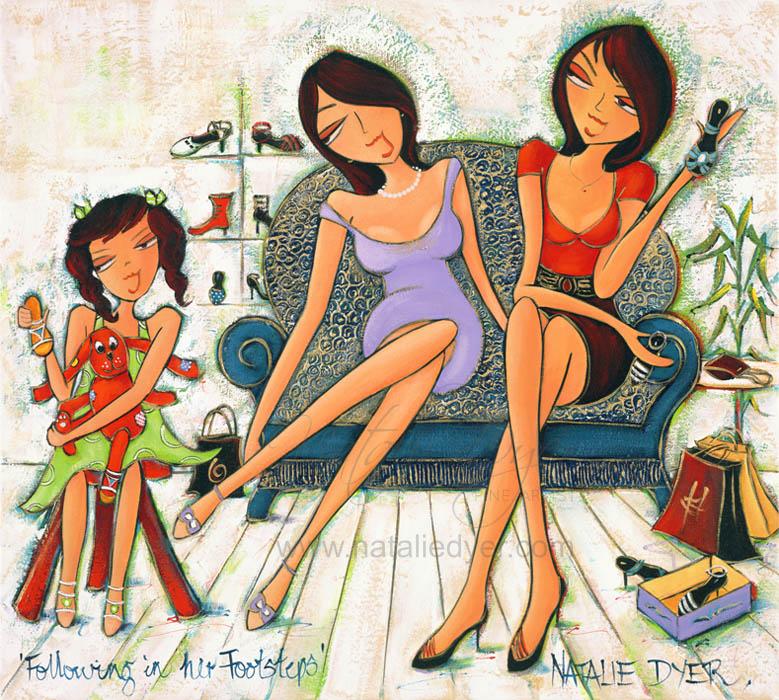 Following in Her Footsteps, a commissioned painting by Natalie Dyer of three generations, mother, daughter and granddaughter, and their love of beautiful shoes, made for a client in Hawaii