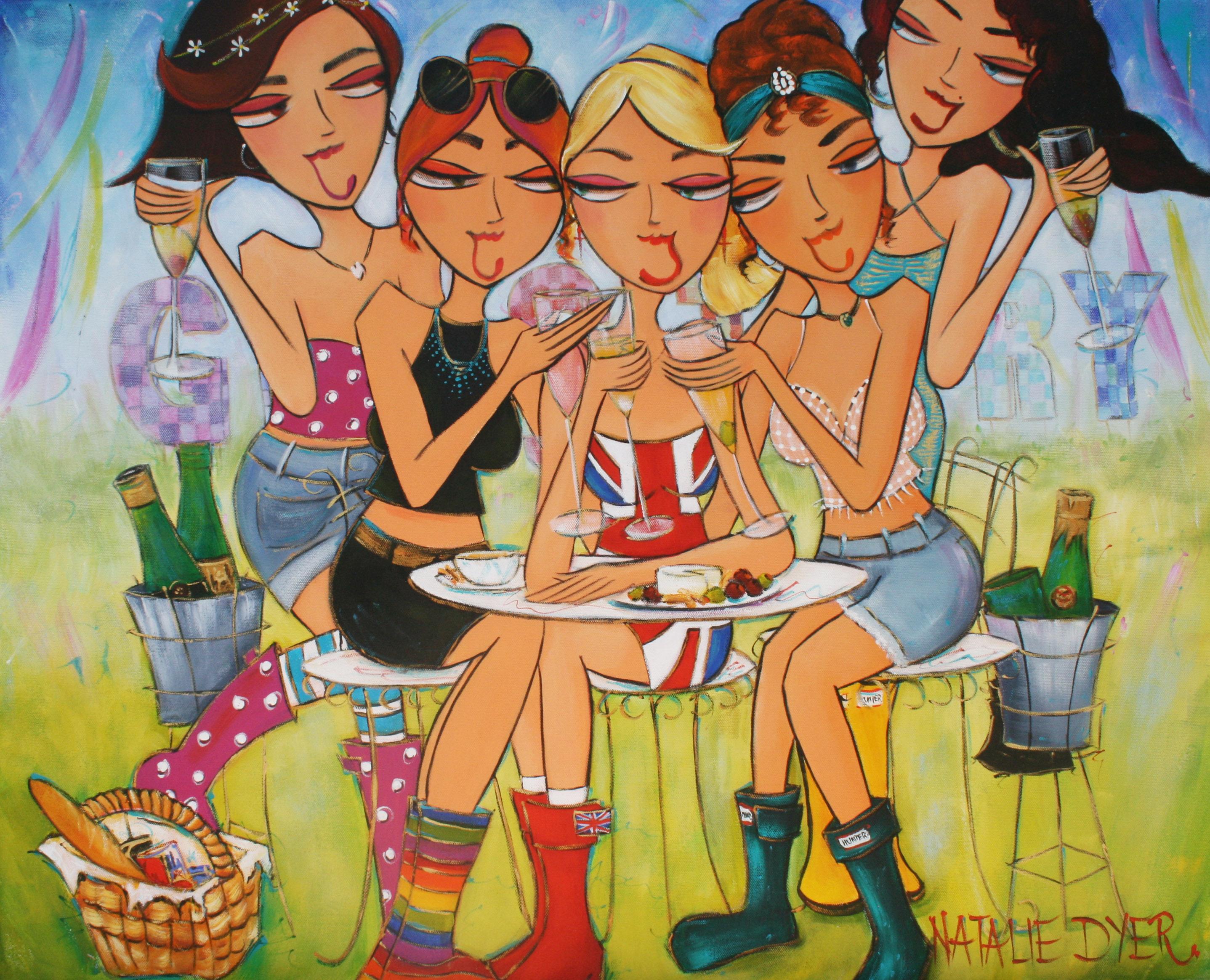 Glastonbury Glampers, a painting by Natalie Dyer commissioned by a UK gallery, five friends in festival gumboots with champagne, one in a Union Jack dress
