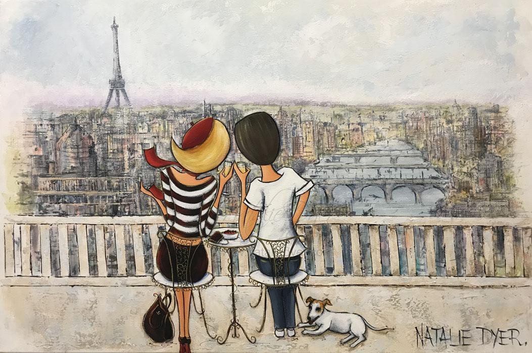 John and Mel, a small commissioned painting by Natalie Dyer of a couple in their favourite Paris spot with their little dog