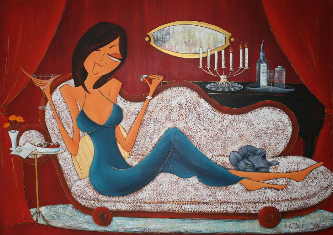 Life’s Little Indulgences, a commissioned painting by Natalie Dyer for a client in Singapore, personalised to look like her and to include her blue cat