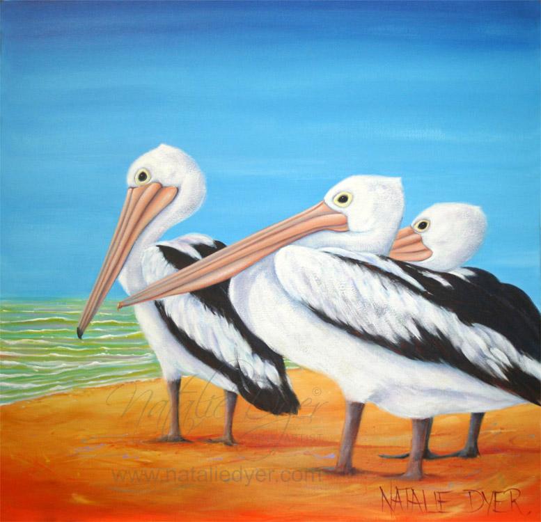 Meeting of the Minds, a commissioned painting by Natalie Dyer of three Australian pelicans on the beach