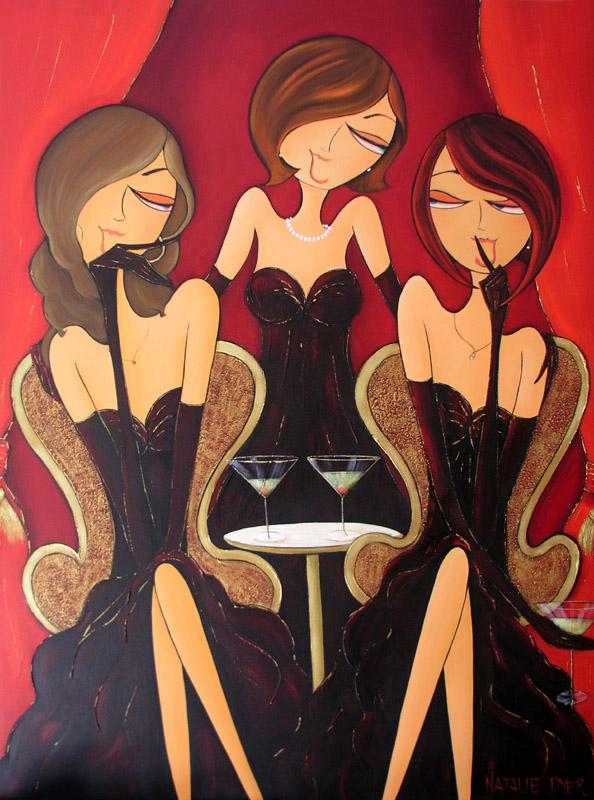 Mum’s the Word, a commissioned wedding present by Natalie Dyer of a bride to be and her bridesmaid in confidence, with mum in the background