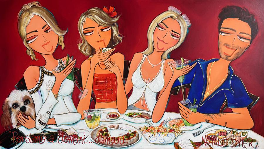 Pensiamo a Domani Domani, a commissioned family portrait by Natalie Dyer of a mother, her three children and the family dog around a table of Italian food, painted as a Christmas surprise