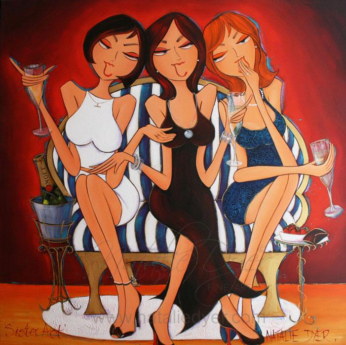 Sister Act, a commissioned birthday painting by Natalie Dyer of three sisters in elegant dresses, each with her own identifiable jewellery
