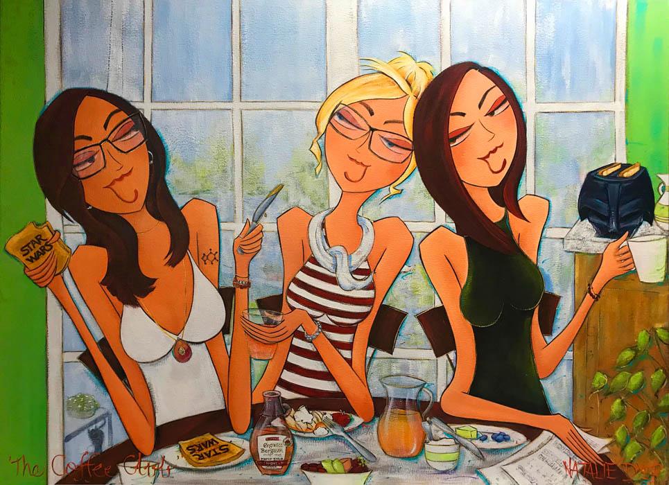 The Coffee Club, a commissioned painting by Natalie Dyer of friends and their coffee ritual