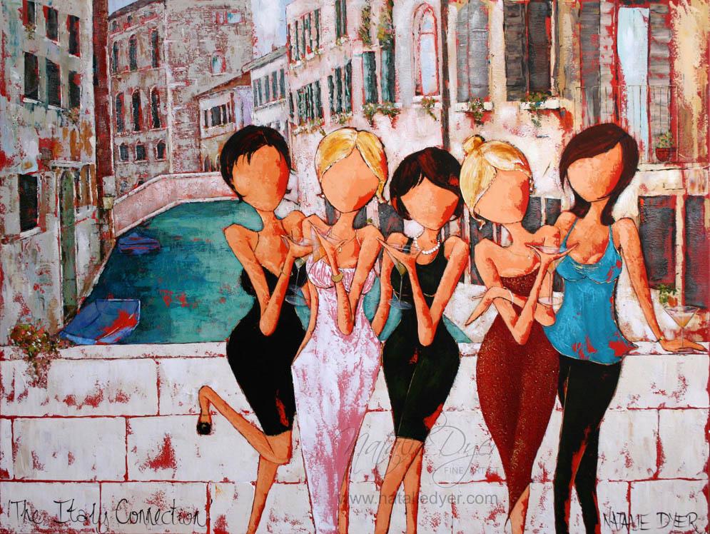 The Italy Connection, a palette knife commission painting by Natalie Dyer of five best friends in Italy