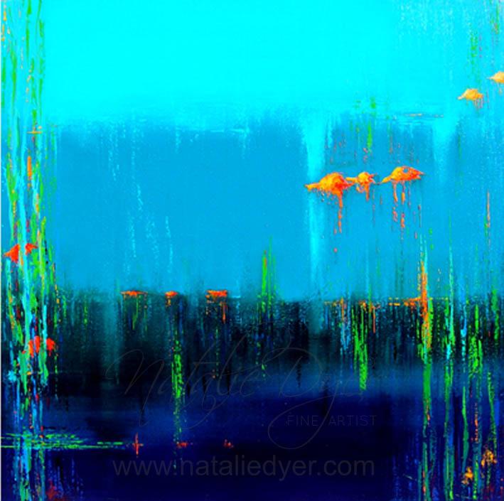 Underwater Discovery, a commissioned abstract painting by Natalie Dyer of light, weed and small orange fish beneath the sea