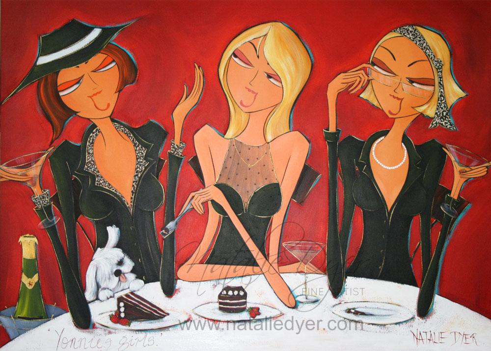 Yonnie’s Girls, a commissioned painting by Natalie Dyer of Yonnie and her best friends, their love of fashion, and a little fellow eyeing the chocolate cake