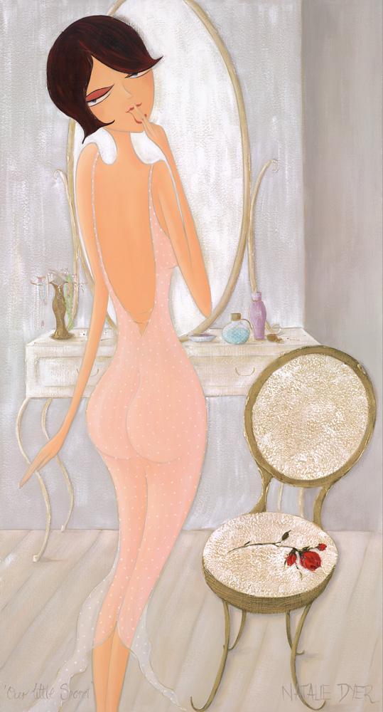 Our Little Secret, a limited edition fine art print by Natalie Dyer of a woman in a soft pink negligee at her dressing table, Women with Attitude series, Sunshine Coast Australia