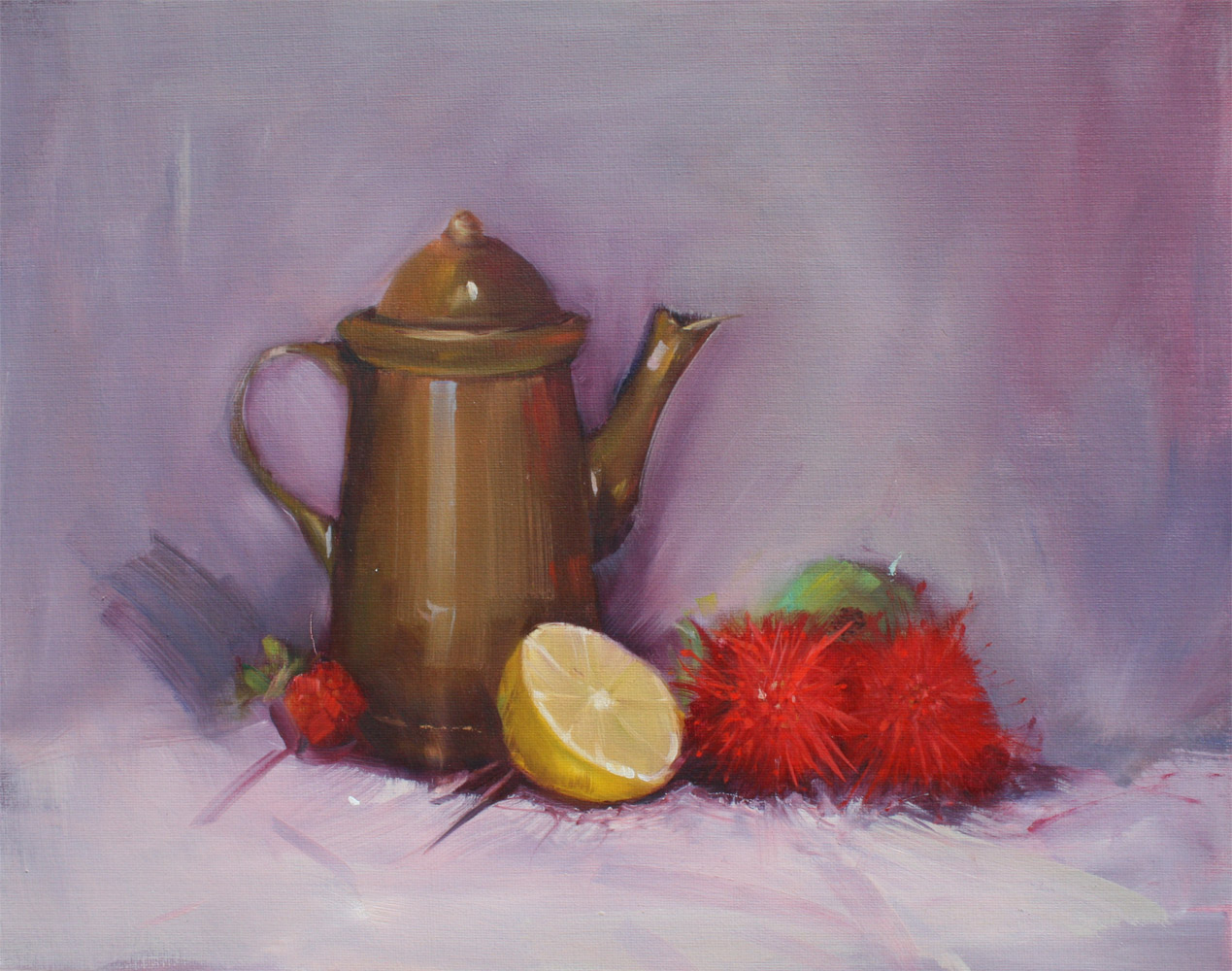 A Little Bit of Yesteryear, an original oil still life by Natalie Dyer, a brass coffee pot with half a lemon, a strawberry and a stunning red Australian wildflower against soft mauve