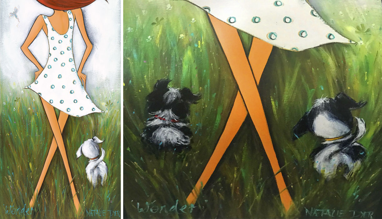 Wonder before and after, the original print with one white dog beside the added painting of two dogs in the long grass, hand painted by Natalie Dyer
