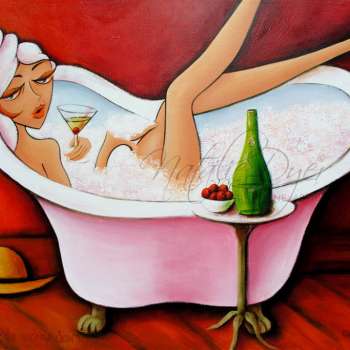 Just doing the washing Dear, one of Natalie Dyer's favourite Women with attitude series of all time. This sassy woman in a bathtub surrounded by bubbles in her bath and champagne in her glass. Created by Natalie Dyer sunshine coast artist.