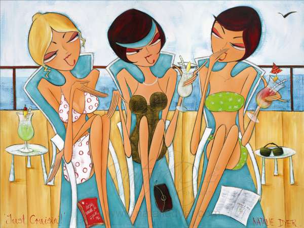 Three Sassy Women Sipping Cocktails In Their Costumes Out On The Deck Of A Cruiseship
