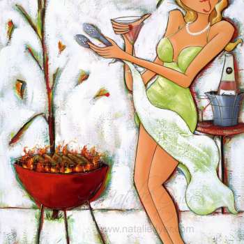 Sassy Woman Cooking Sausages ON BBQ With Cosmopolitan In Her Hand