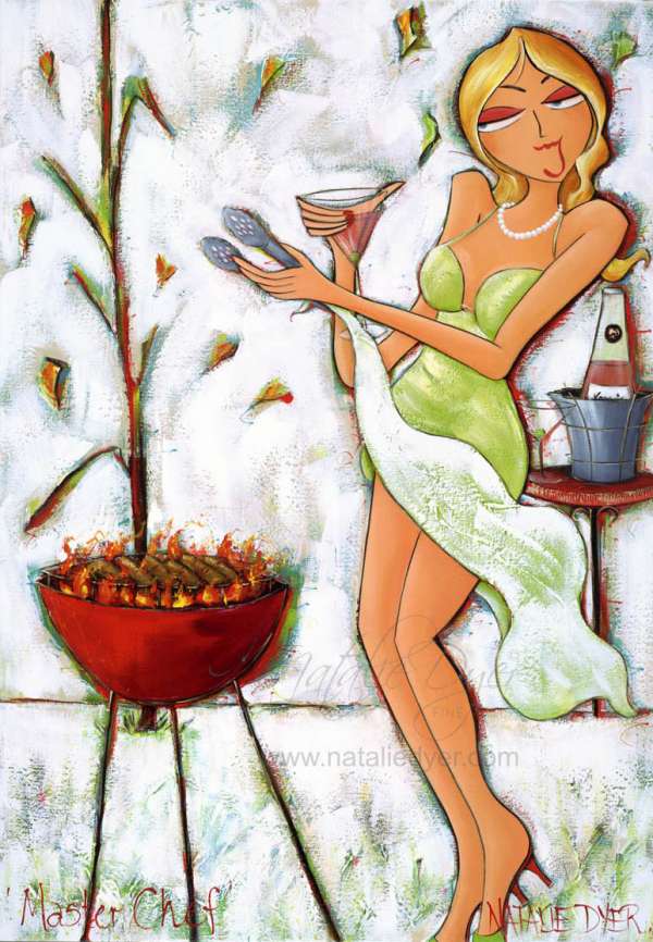 Sassy Woman Cooking Sausages ON BBQ With Cosmopolitan In Her Hand