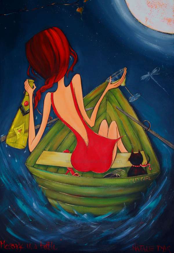 Whimsical Woman In Red Dress In A Pea Green Boat With Her Cat Finding A Bottle With A Love Letter In It