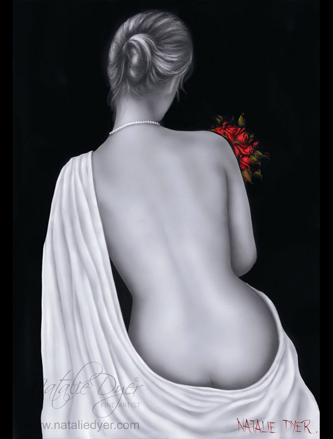 Pearls for a Princess Elegance series by Natalie Dyer Sunshine Coast artist. Black and white nude figurative painting of a woman in pearls.