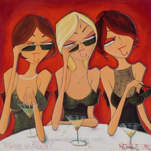 Three Women In Black Drinking Champagne And Having Fun Together