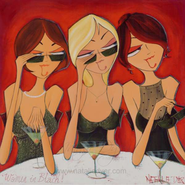 Three Women In Black Drinking Champagne And Having Fun Together
