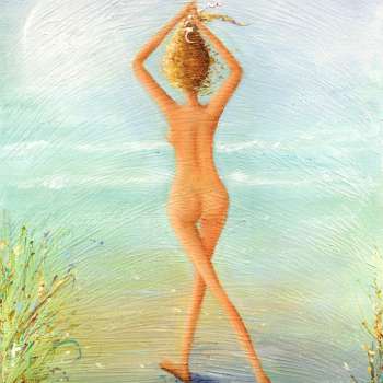 Whimsical Painting Of Woman Walking Naked Into The Waves At Beach With Essential Hair Ribbon To Tie Her Windblown Hair Up