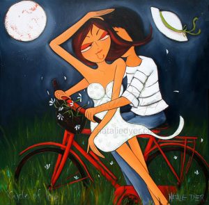 Natalie Dyer Painting Of A Boy And A Girl Riding A Bike