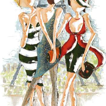 Joie-de-Vivre one of the French Connection series by Natalie Dyer Sunshine Coast artist. This unique artwork captures the essence of the french way of life, portraying three sophisticated fashionable french women standing in front of the Eiffel tower.