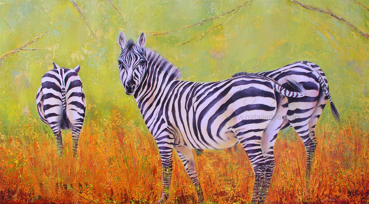Three Zebras In The Wild Painted By Natalie Dyer Called Pedestrian Crossing